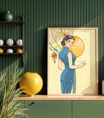 Elegant Woman in Traditional Dress with Floral and Golden Sun Backdrop