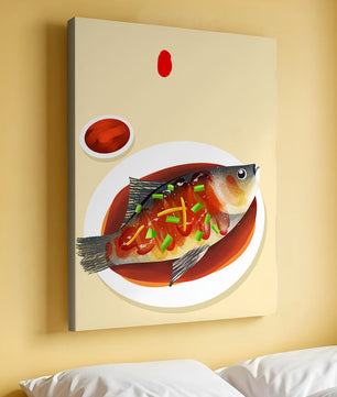 Illustration of a colorful fish dish with garnish