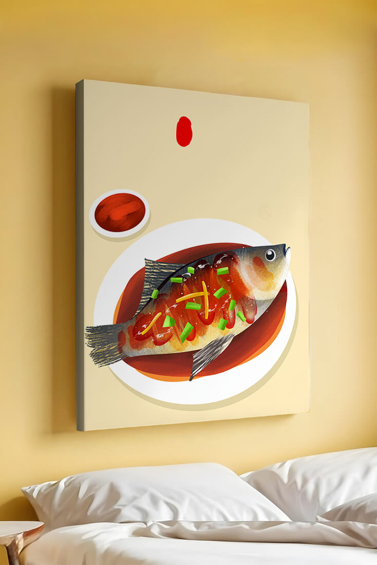 Illustration of a colorful fish dish with garnish