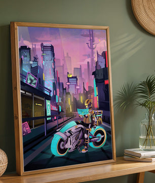 Paisaje urbano futurista cyberpunk con rascacielos iluminados con neón y motociclista