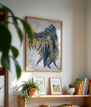 Abstract Composition with Blue and Gold Accents on Textured Background
