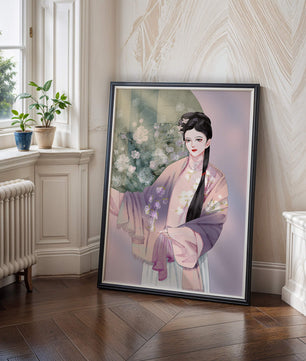 Elegant Asian Woman in Traditional Attire with Floral Background - Mi tienda