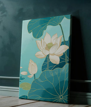 Lotus Flowers with Golden Accents on Aqua Background