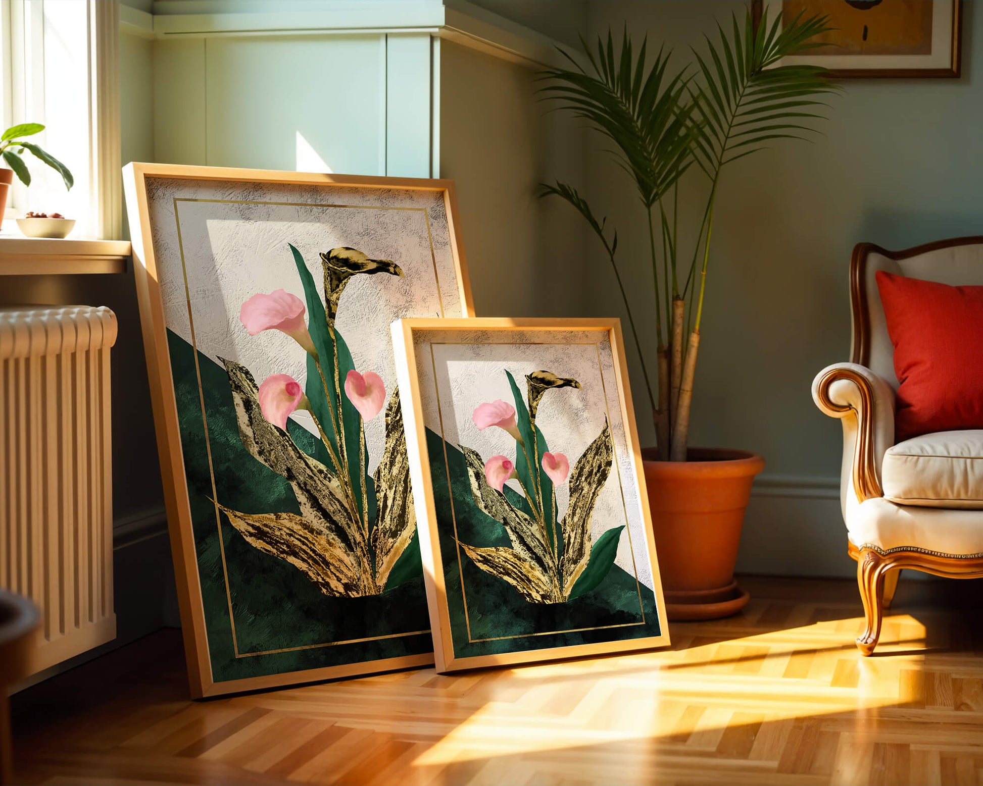 Abstrakte botanische Kunst mit rosa Calla-Lilien und goldenen Blättern
