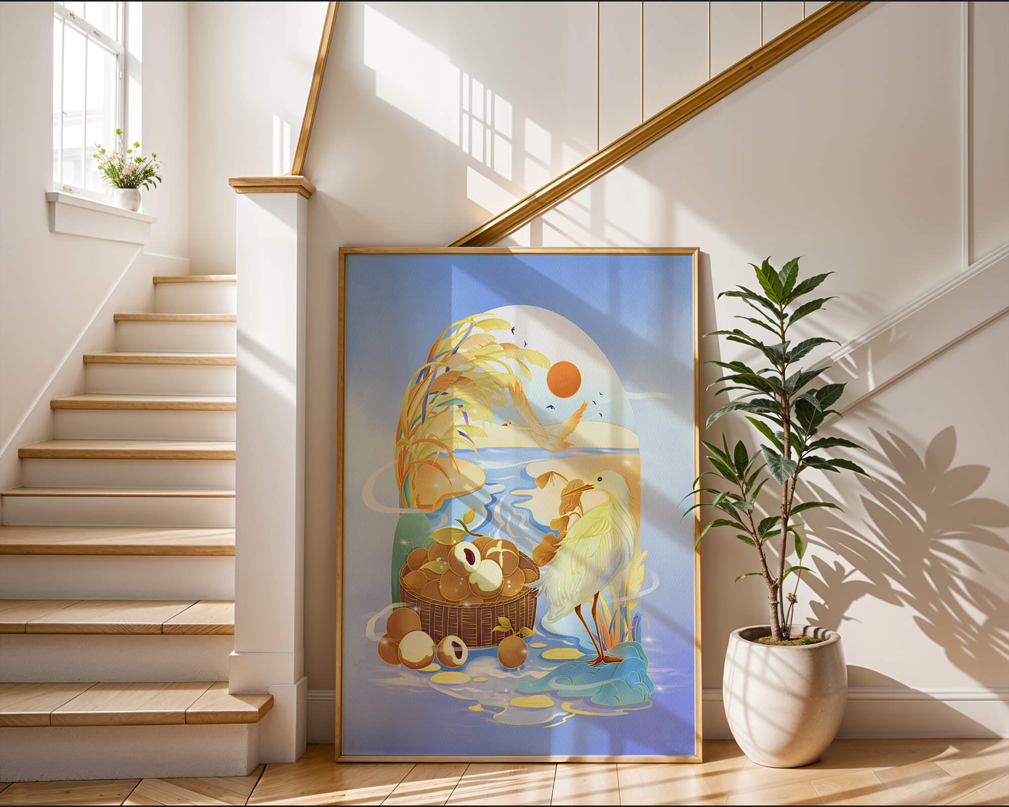 Serene landscape with a bird, fruit basket, and golden reeds under a bright sun