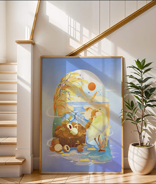 Serene landscape with a bird, fruit basket, and golden reeds under a bright sun