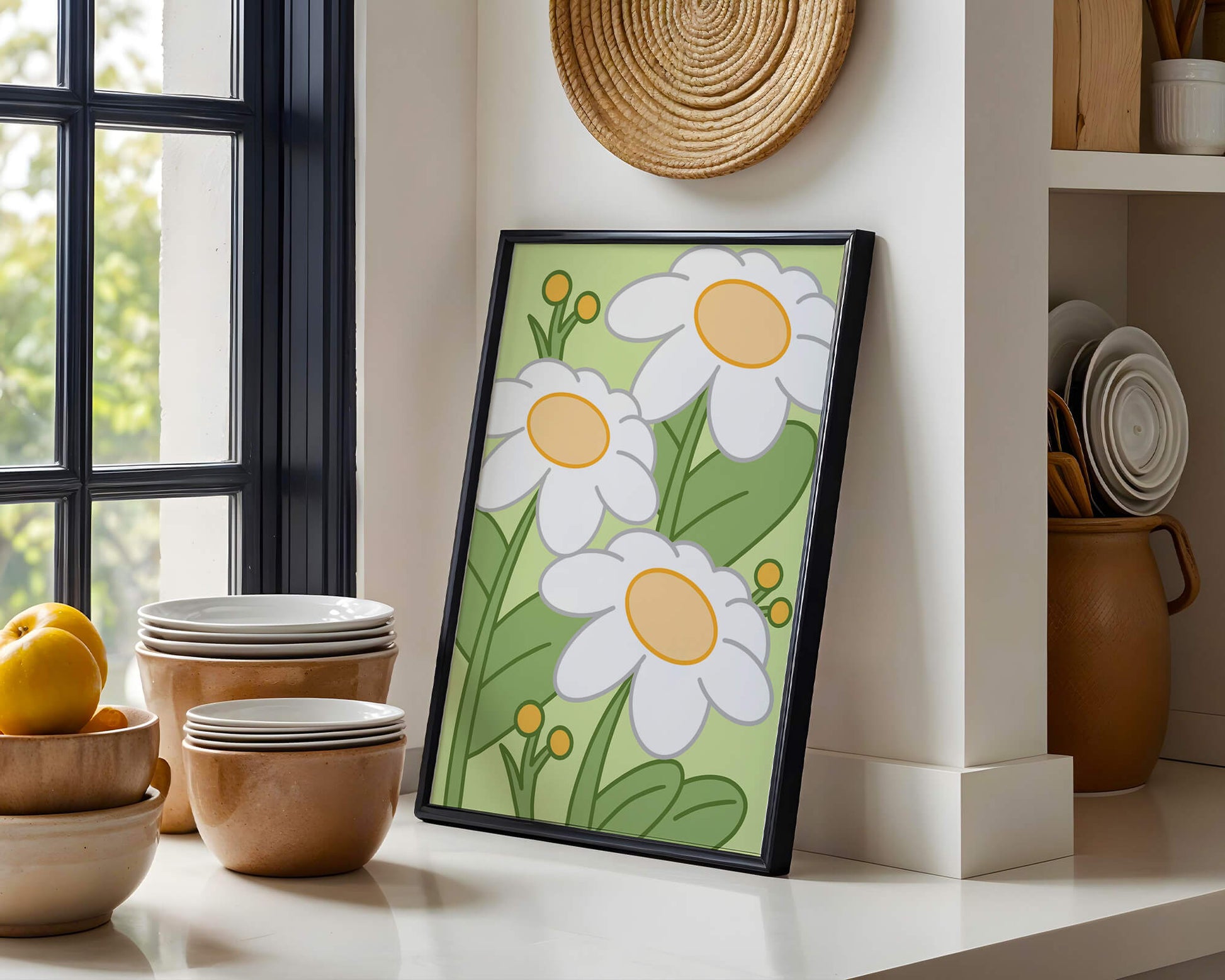 Charming illustrated daisies on a green background