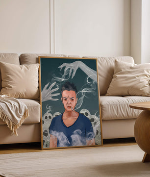 A Person Surrounded by Smoke and Ghostly Hands with Skulls in the Background