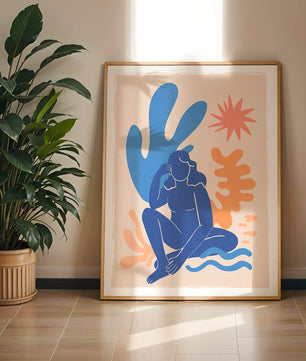 Abstract Illustration of a Blue Silhouette Woman with Organic Shapes