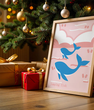 Playful whales illustration in pastel pink and blue