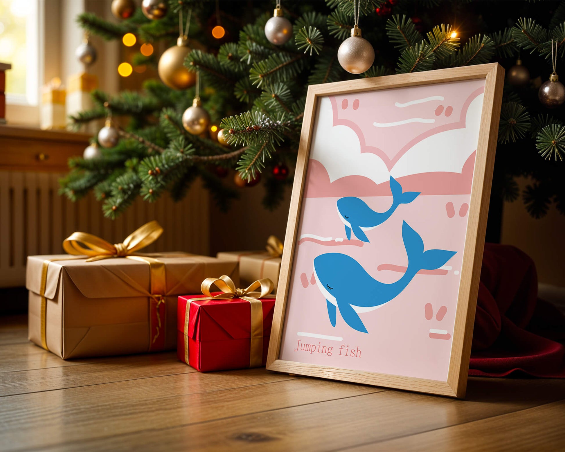 Playful whales illustration in pastel pink and blue