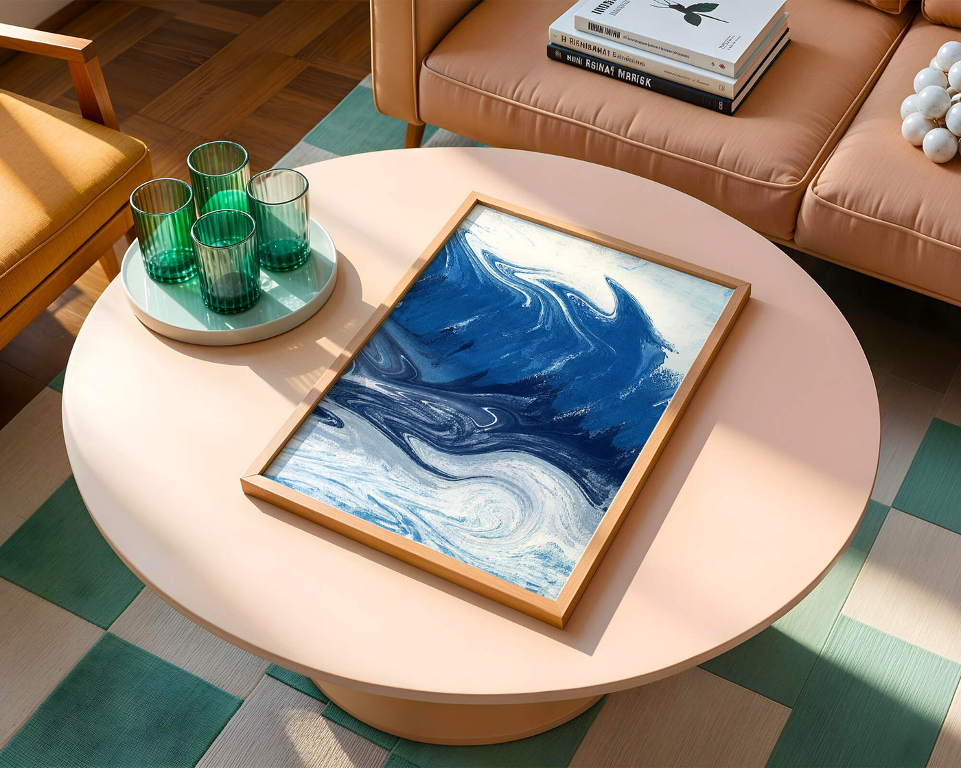 Abstract blue and white ocean wave painting with swirling patterns
