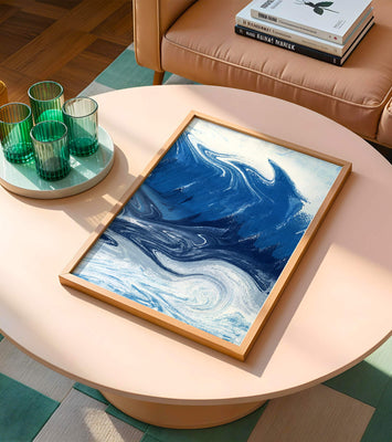 Abstract blue and white ocean wave painting with swirling patterns