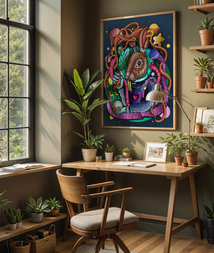 Ilustración abstracta colorida de un conejo en el espacio con pulpo, planetas y zanahoria