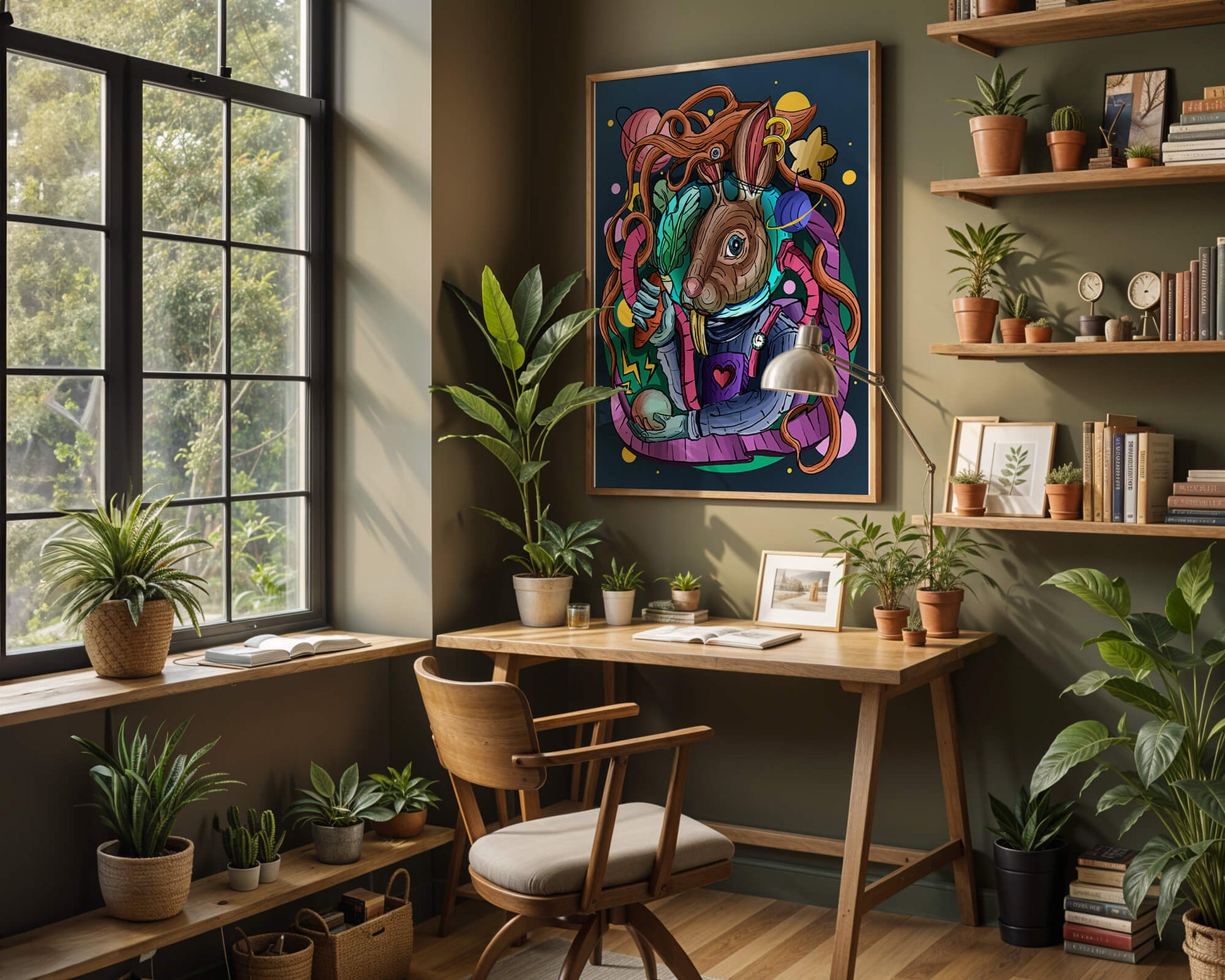 Ilustración abstracta colorida de un conejo en el espacio con pulpo, planetas y zanahoria.