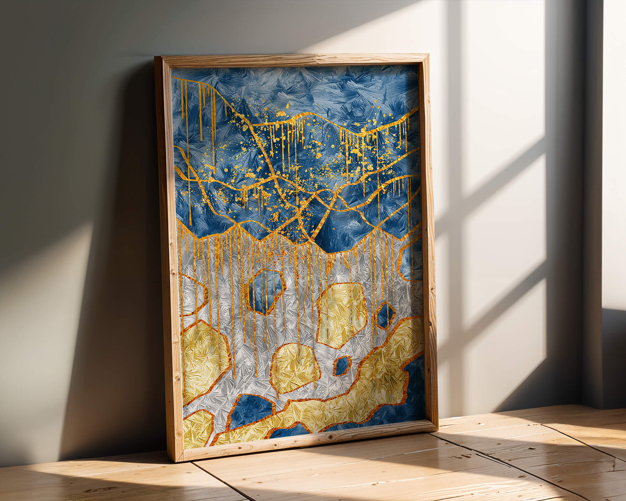 Abstract gold and blue textured art with dynamic splashes of color