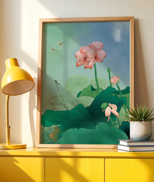Fleurs de lotus sereines avec des libellules lors d'une journée tranquille