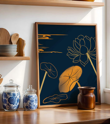 Golden Lotus Flowers in Abstract Night Sky