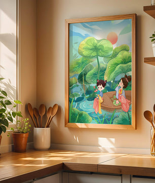 Charming illustration of children on a boat in a lush lotus pond