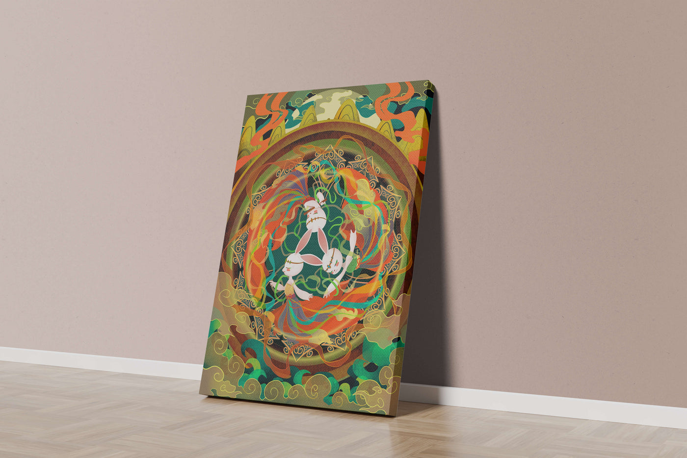 Whimsical fantasy illustration with mystical bunnies