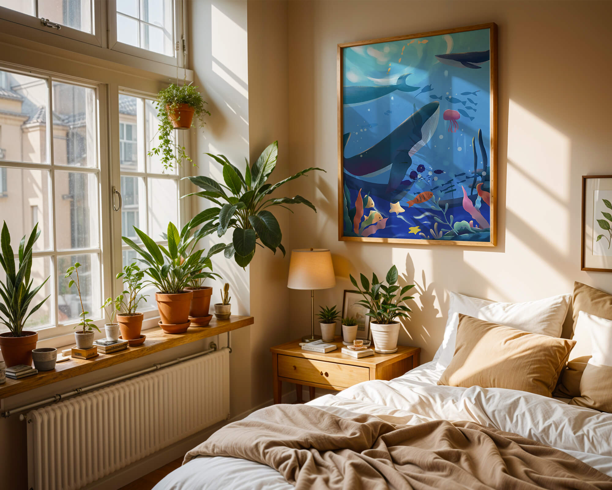 Underwater scene with whales, fish, and coral reef