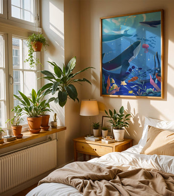 Underwater scene with whales, fish, and coral reef