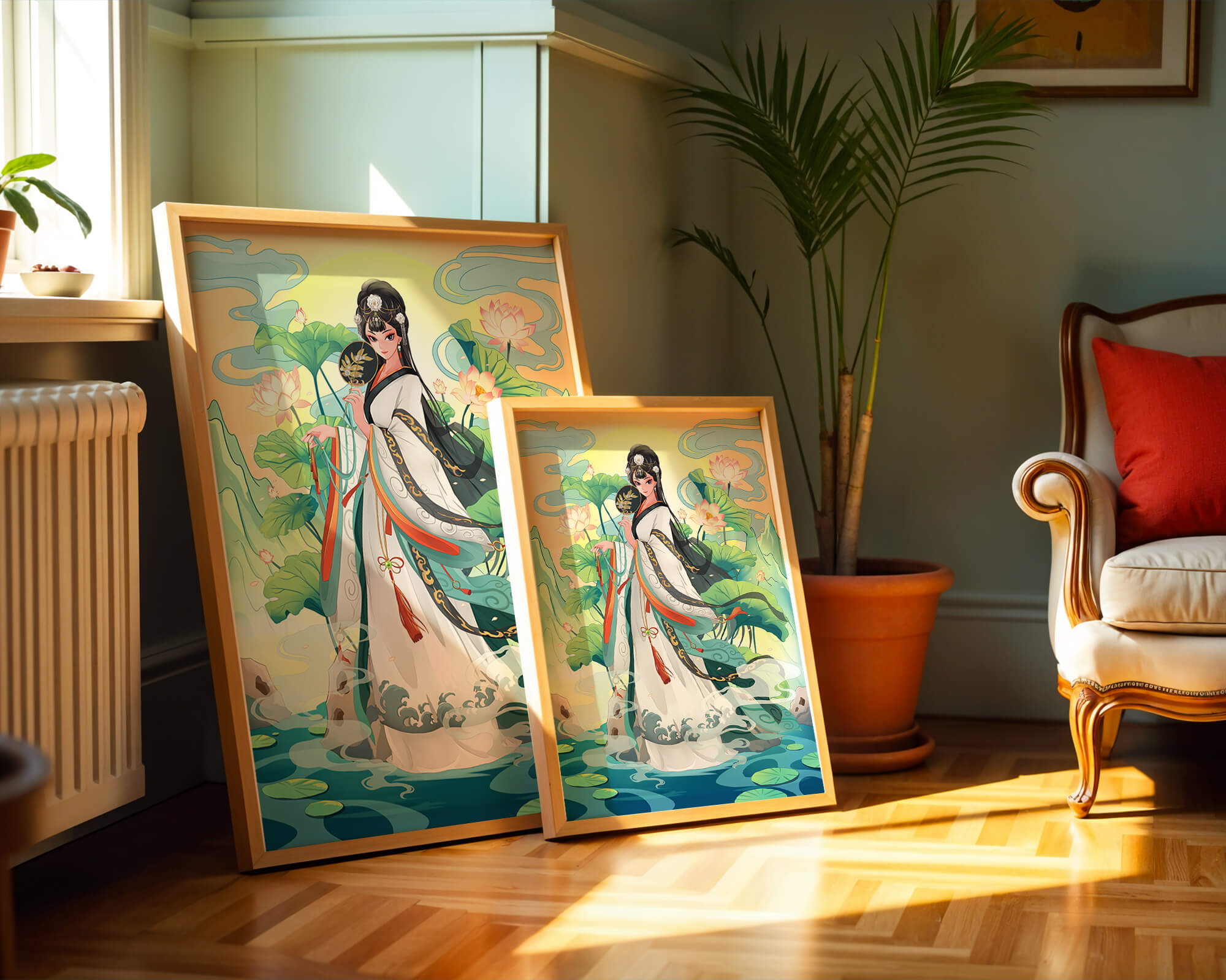 Elegant woman in traditional attire with lotus flowers and serene backdrop