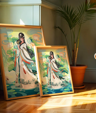 Femme élégante en tenue traditionnelle avec des fleurs de lotus et un décor serein