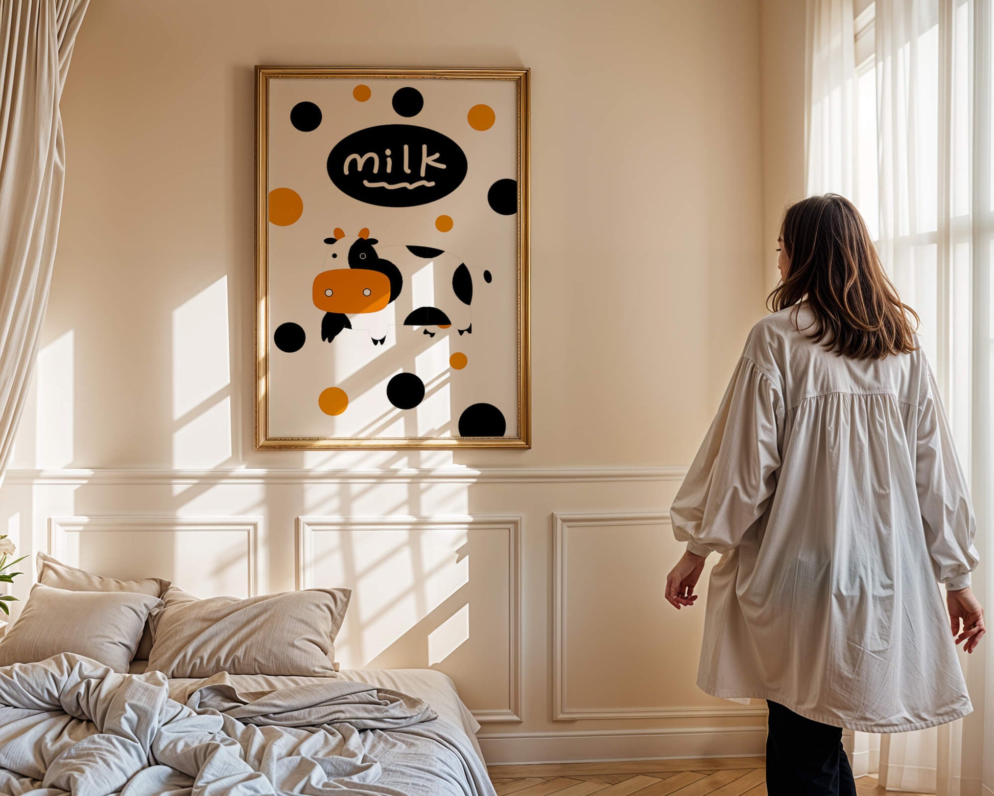 Illustrated cow with modern design and abstract elements