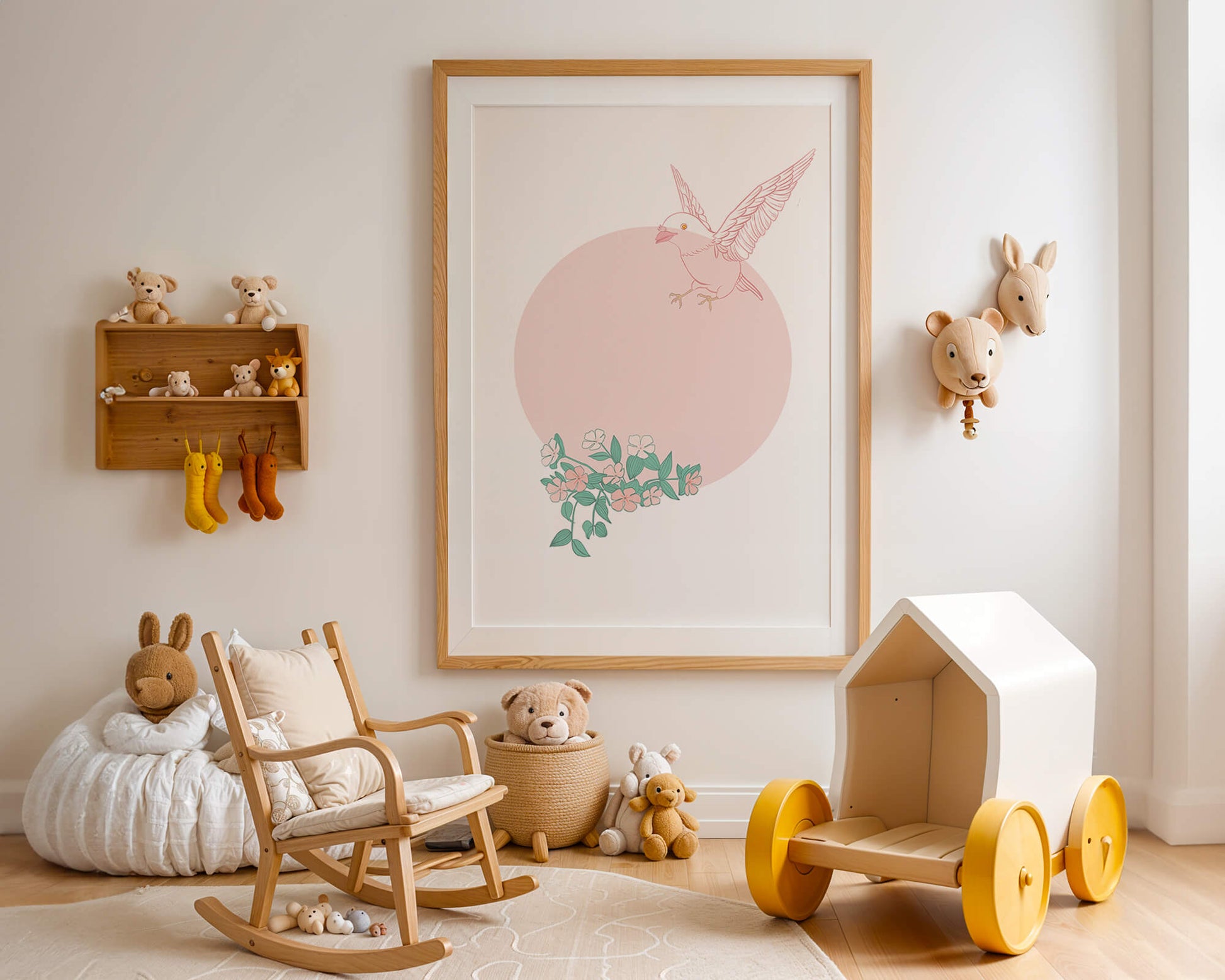 Pájaro pastel con elementos florales en estilo minimalista