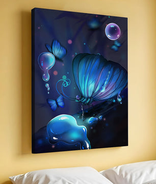 Illuminated Blue Butterflies with Glowing Bubbles in Enchanted Darkness
