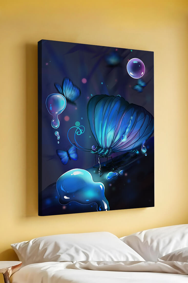 Illuminated Blue Butterflies with Glowing Bubbles in Enchanted Darkness