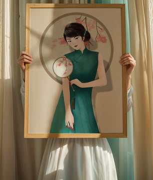Elegante Illustration einer Frau in traditioneller Kleidung mit einem Fächer mit Kirschblüten