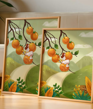 Femme assise sur un fruit orange dans un paysage surréaliste