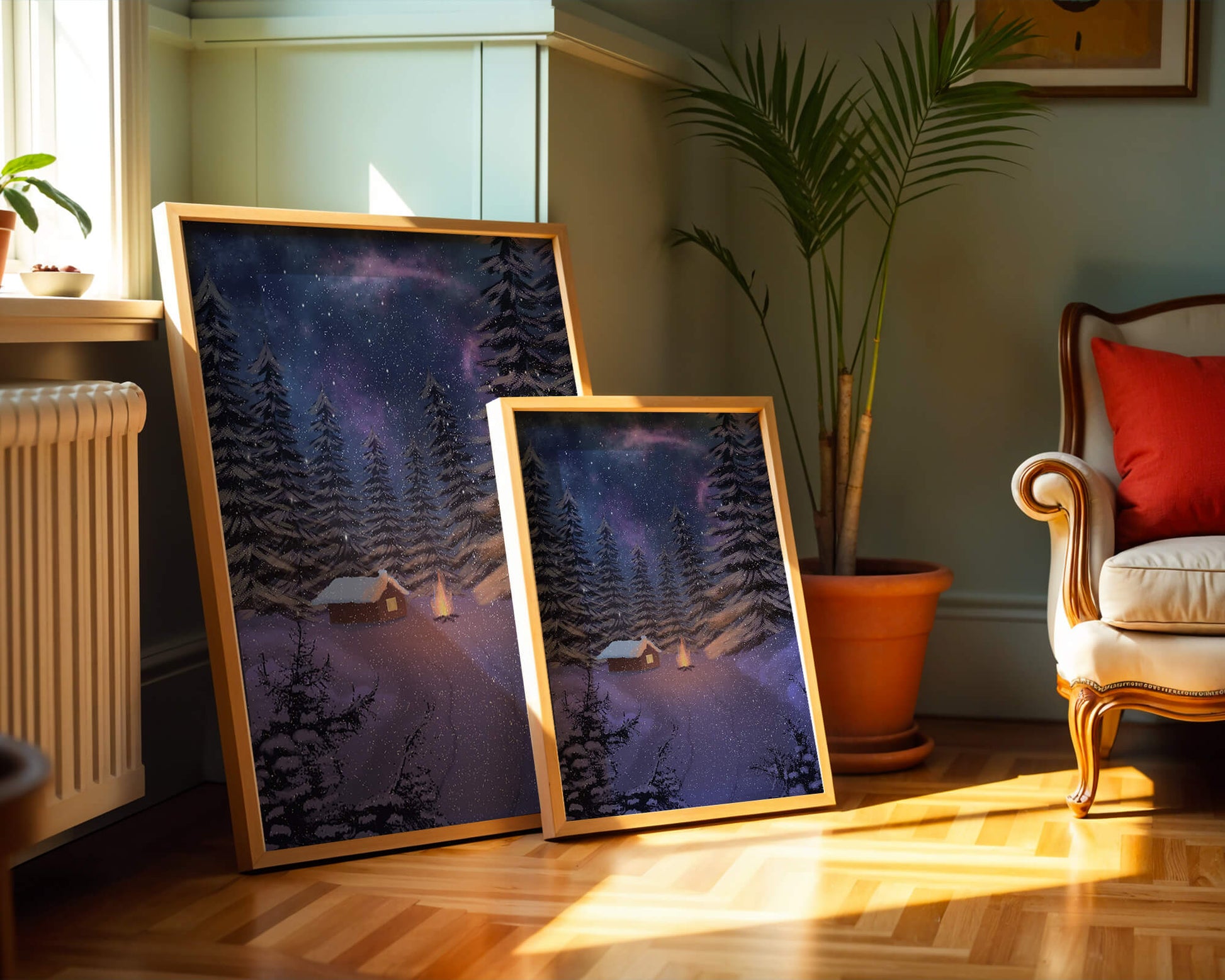 Winter night landscape with snowy cabin and pine forest