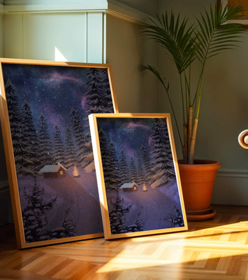 Winter night landscape with snowy cabin and pine forest