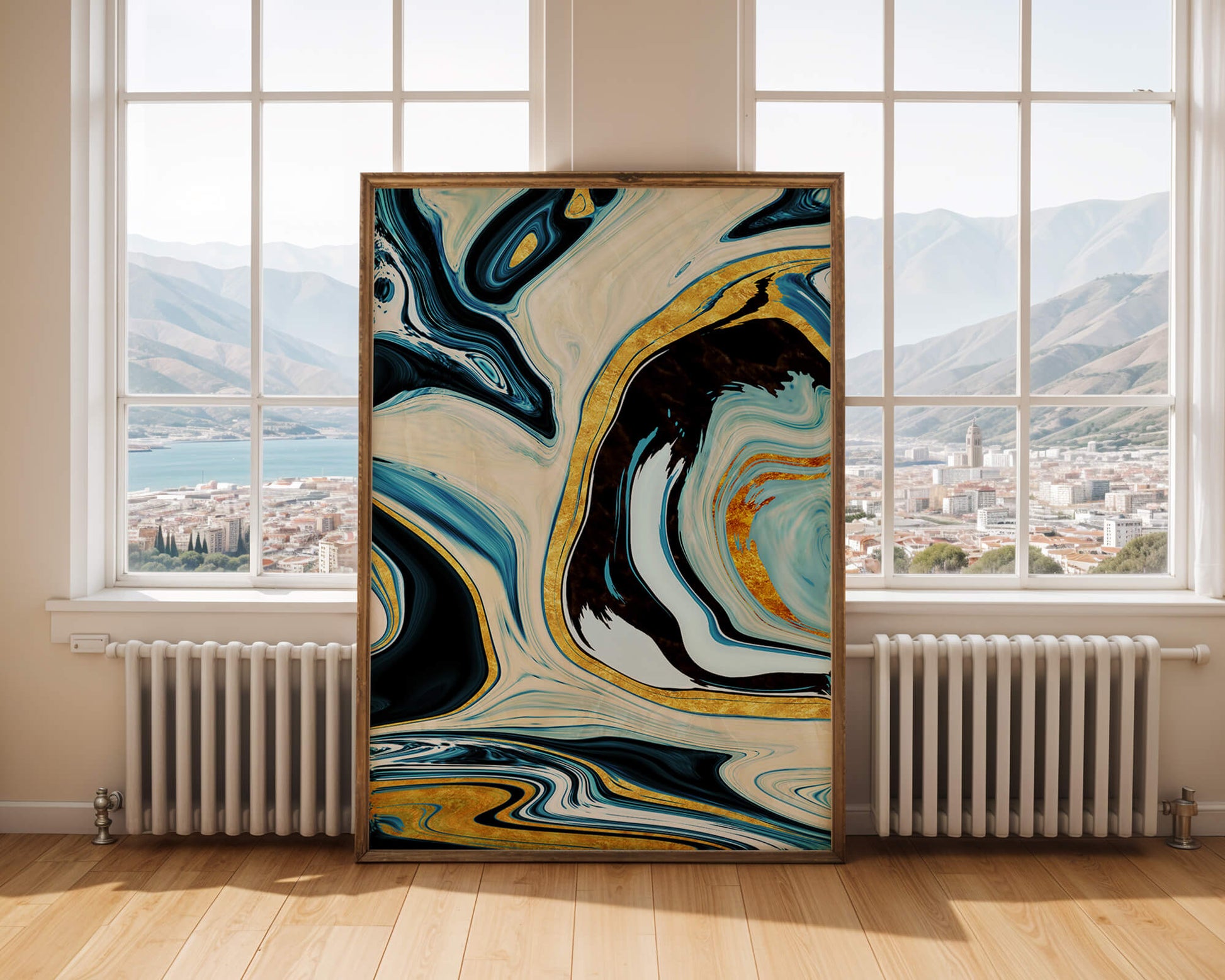 Abstract Marble Art with Gold Accents in Blue and Black Swirls