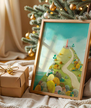 Charming lighthouse illustration on a scenic hilltop