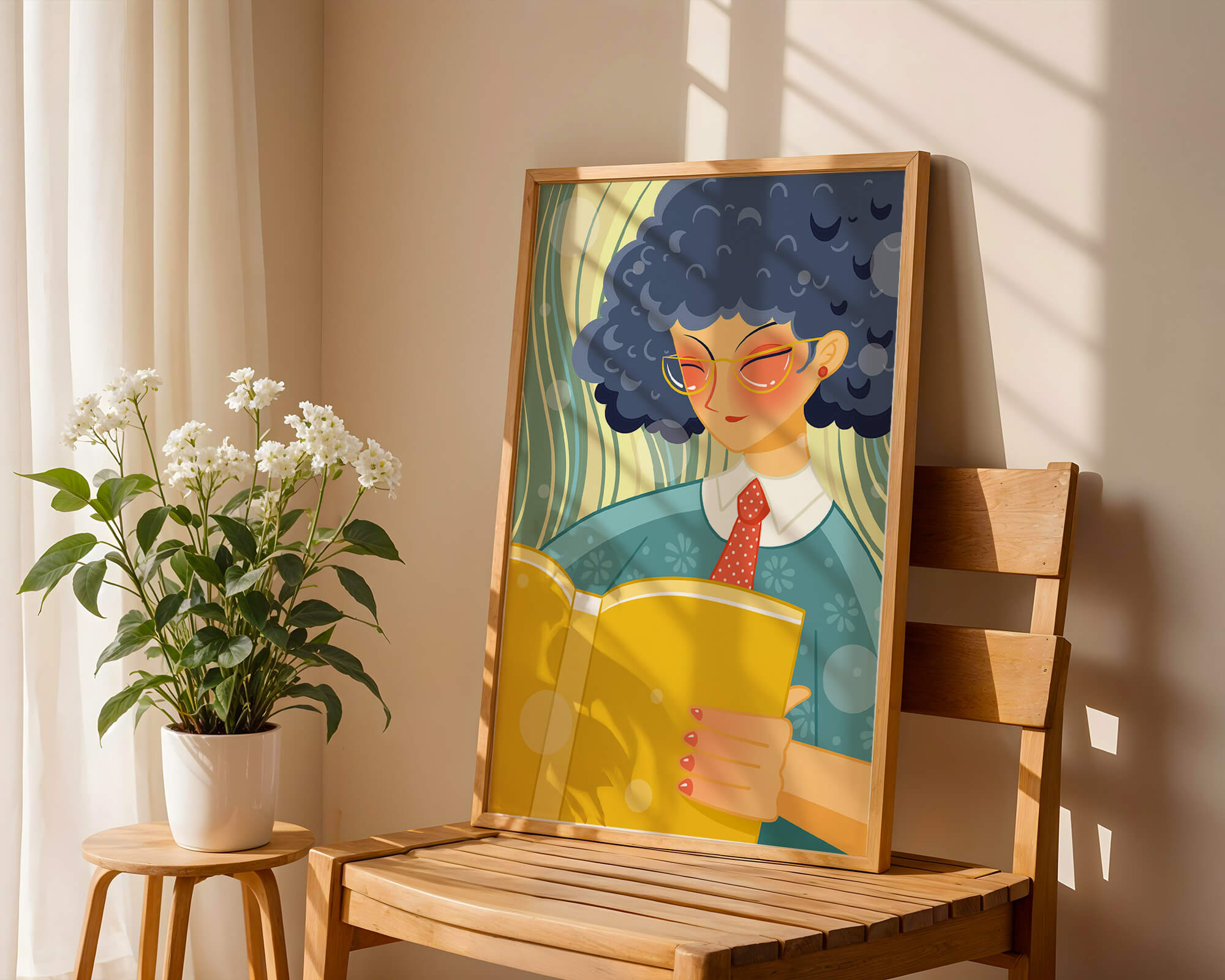 Illustration of a person reading a large yellow book in a stylized design