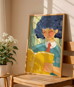 Illustration d'une personne lisant un grand livre jaune dans un style stylisé