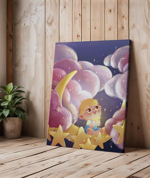 Escena encantadora del cielo nocturno para niños con un niño en una luna creciente