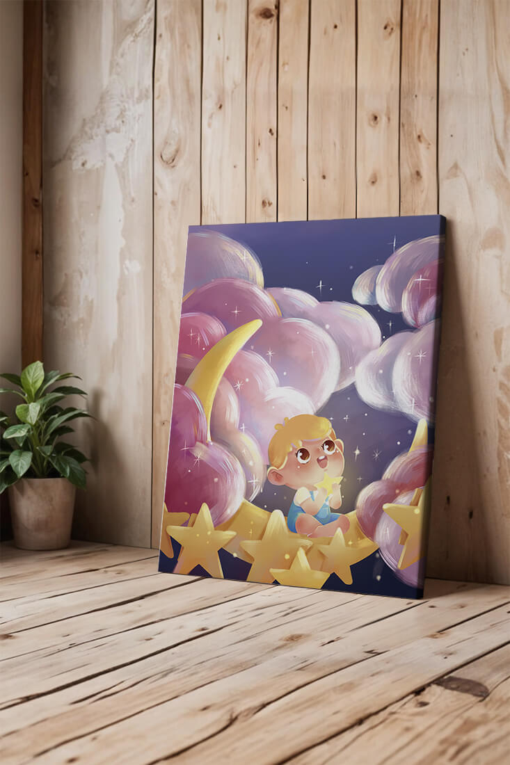 Escena encantadora del cielo nocturno para niños con un niño en una luna creciente