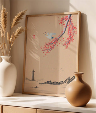 Paysage serein avec une grue et une branche de cerisier en style d’Asie de l’Est