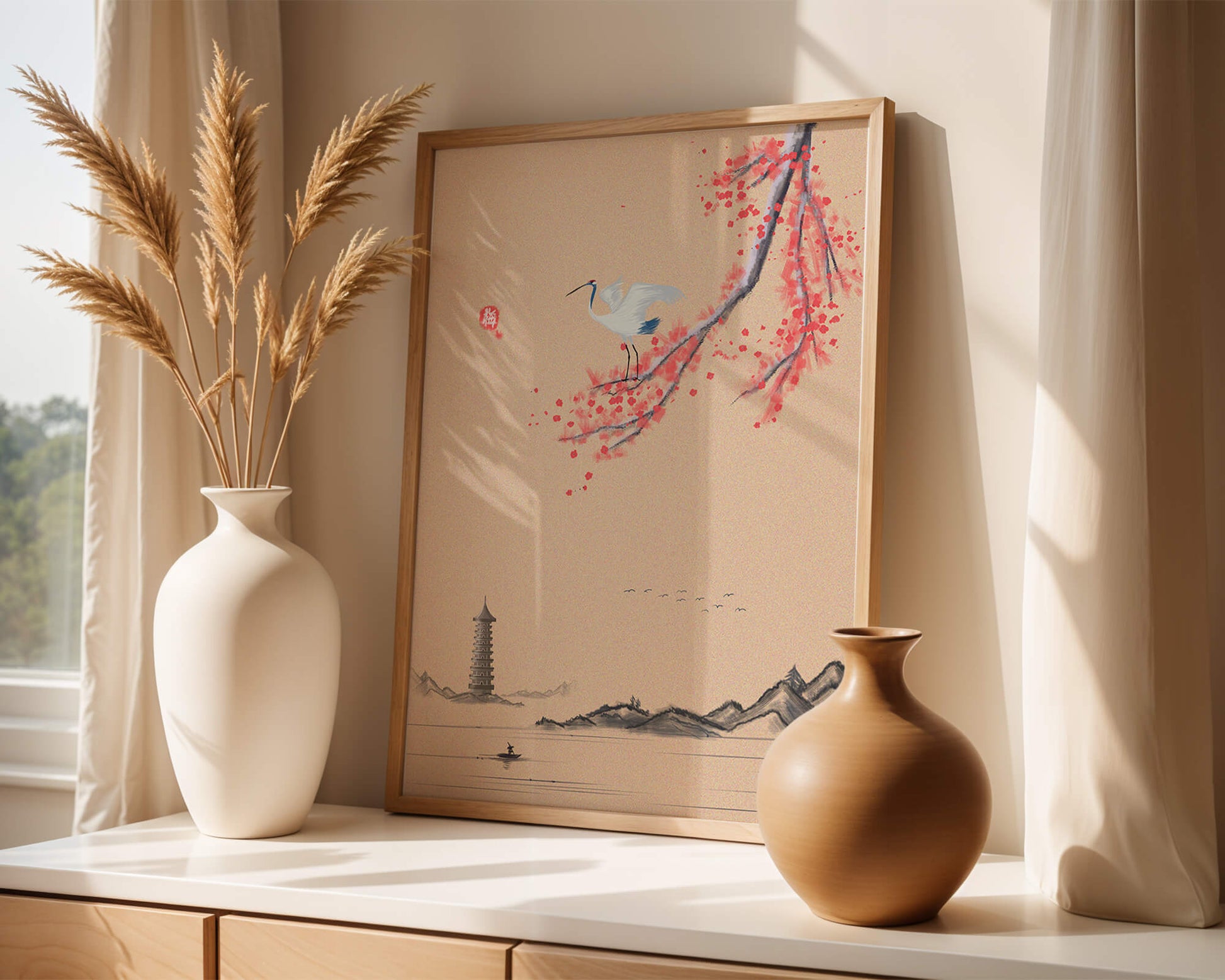 Serene landscape with crane and cherry blossom branch in East Asian style
