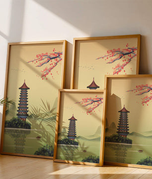 Serene landscape with traditional pagoda and blooming cherry blossoms