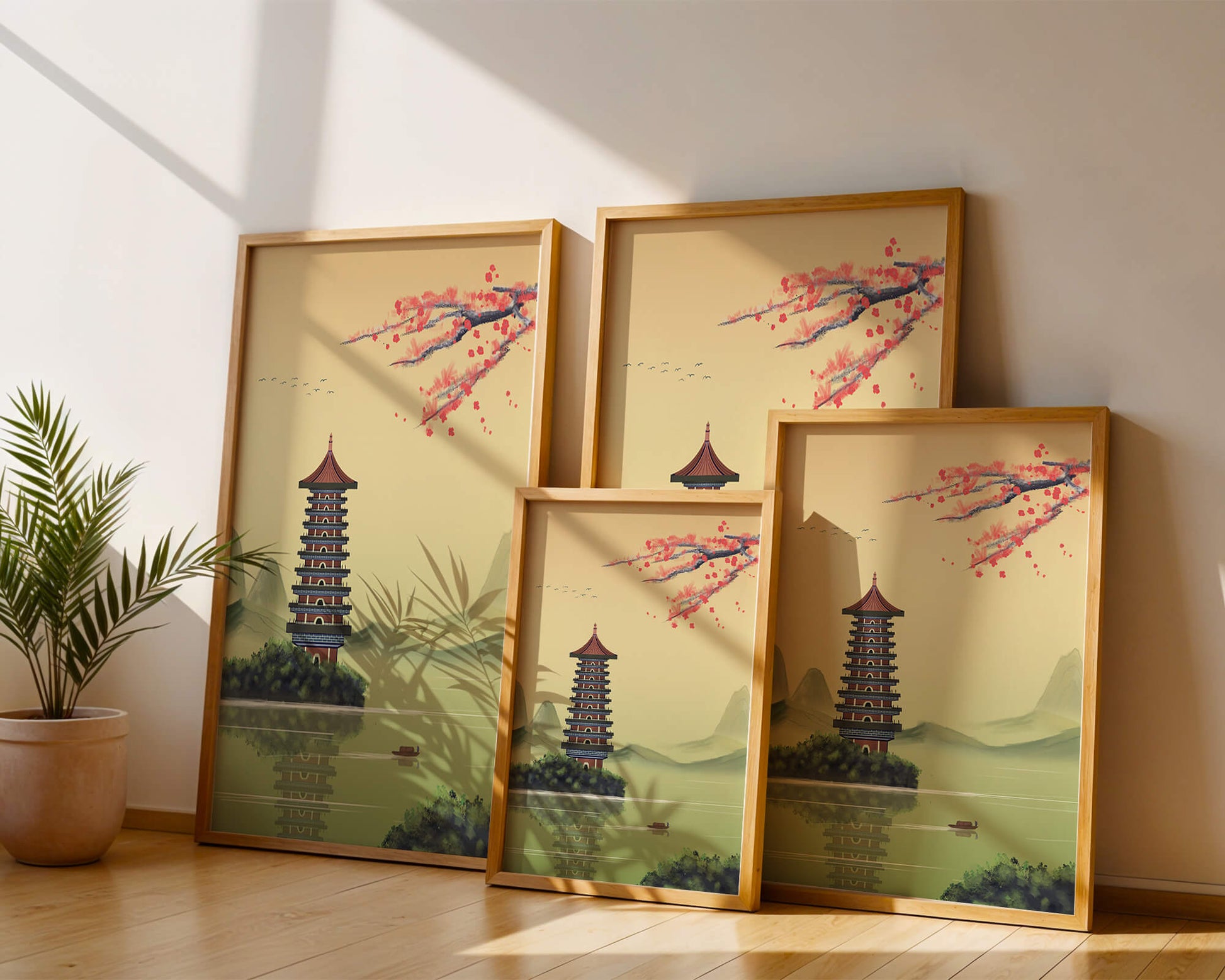 Serene landscape with traditional pagoda and blooming cherry blossoms