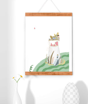 Whimsical Landscape with Fantasy Village and Watermelon Elements
