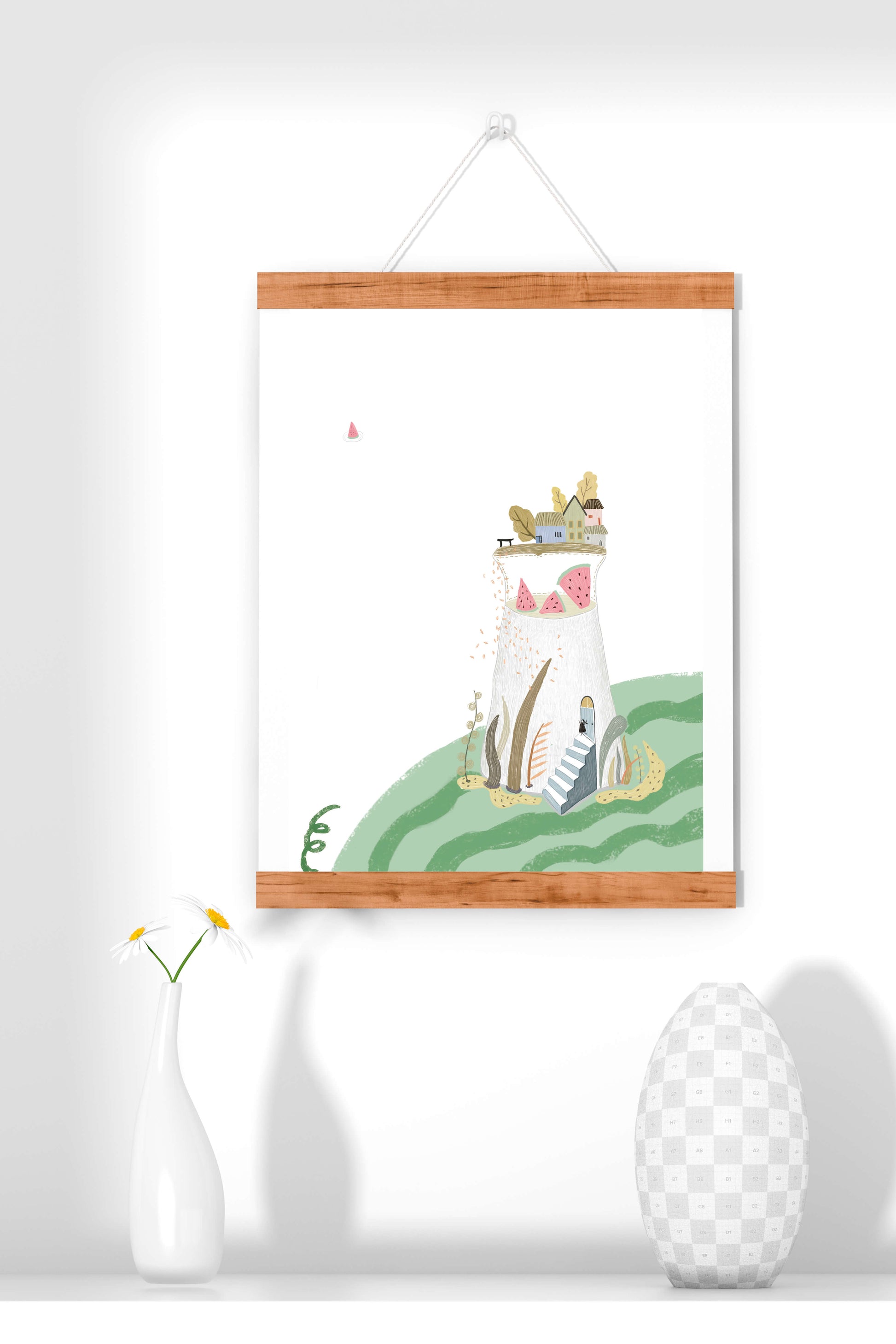 Whimsical Landscape with Fantasy Village and Watermelon Elements