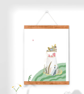 Whimsical Landscape with Fantasy Village and Watermelon Elements