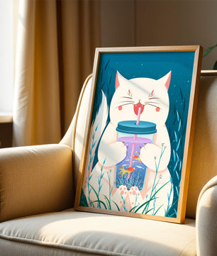 Playful cat with a fish tank tumbler in the underwater scene illustration